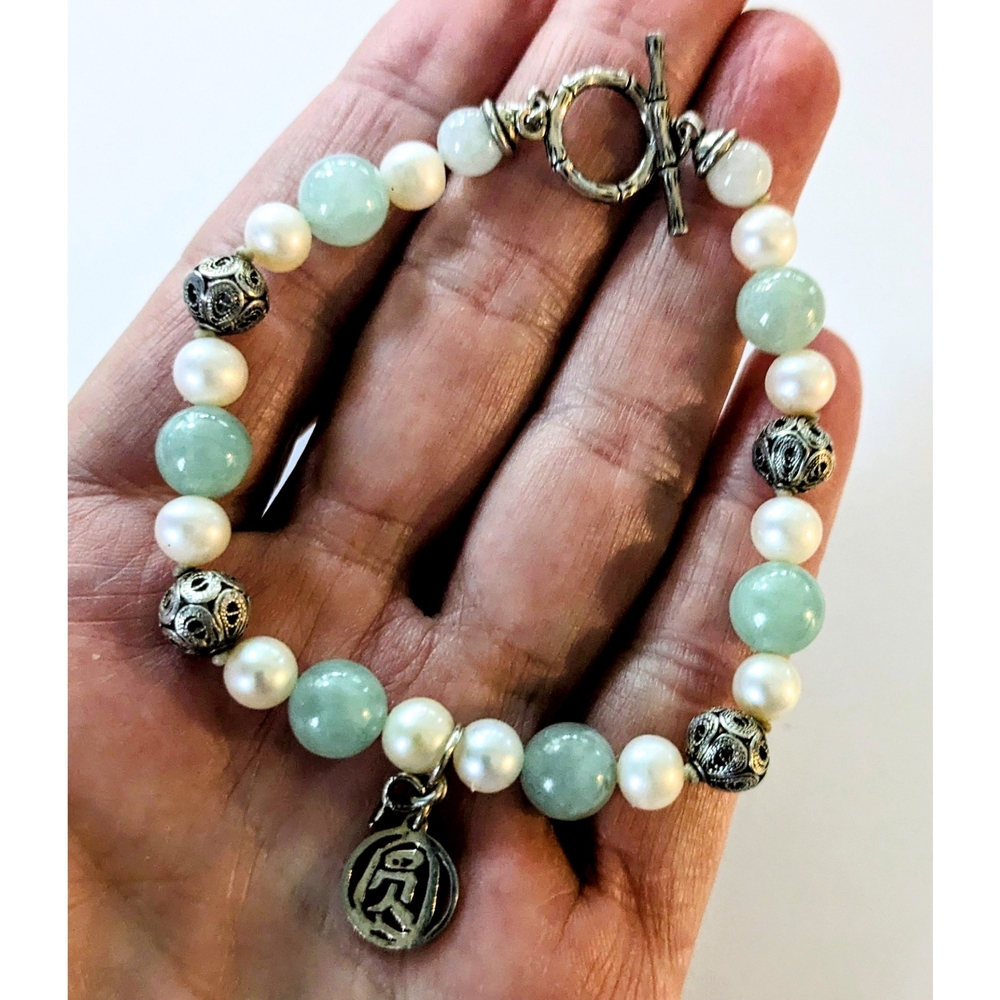 STERLING SILVER JADE & PEARL BEADED ASIAN STYLE PROSPERITY  BRACELET BJ 925 7.75